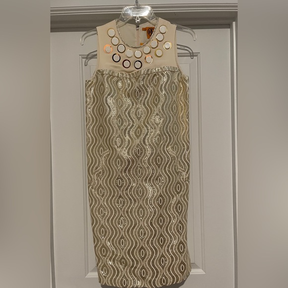 Tory Burch CLAYTON Gold Metallic Ivory Gold Silk Shift Dress Size 2 NWT - Picture 4 of 9